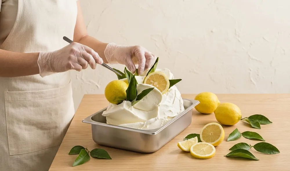 Manos con guantes sirviendo helado de limón artesanal de una cubeta, entre limones y hojas frescas